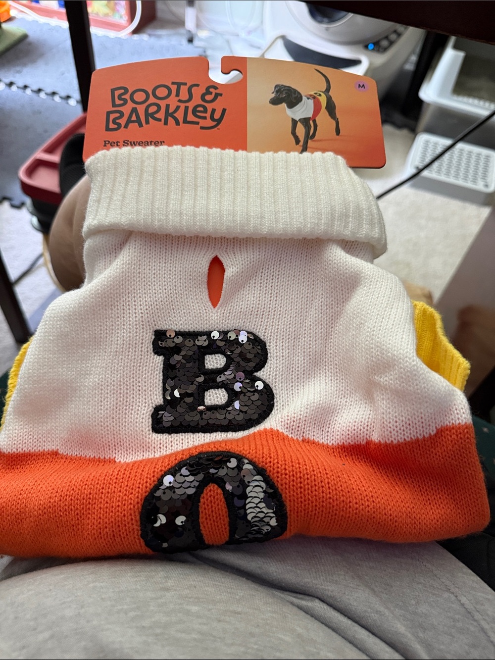 Boots & Barkley White, Orange & Yellow Sequin Letter Pet Sweater
